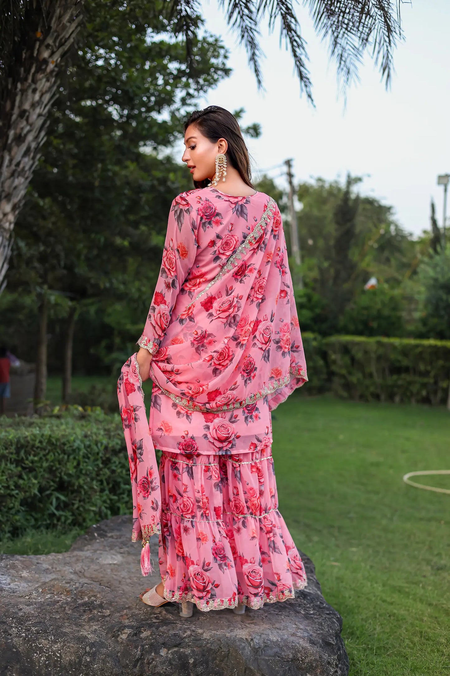 Light Pink Georgette Palazzo Salwar Suit With Floral Print & Embroidery Work