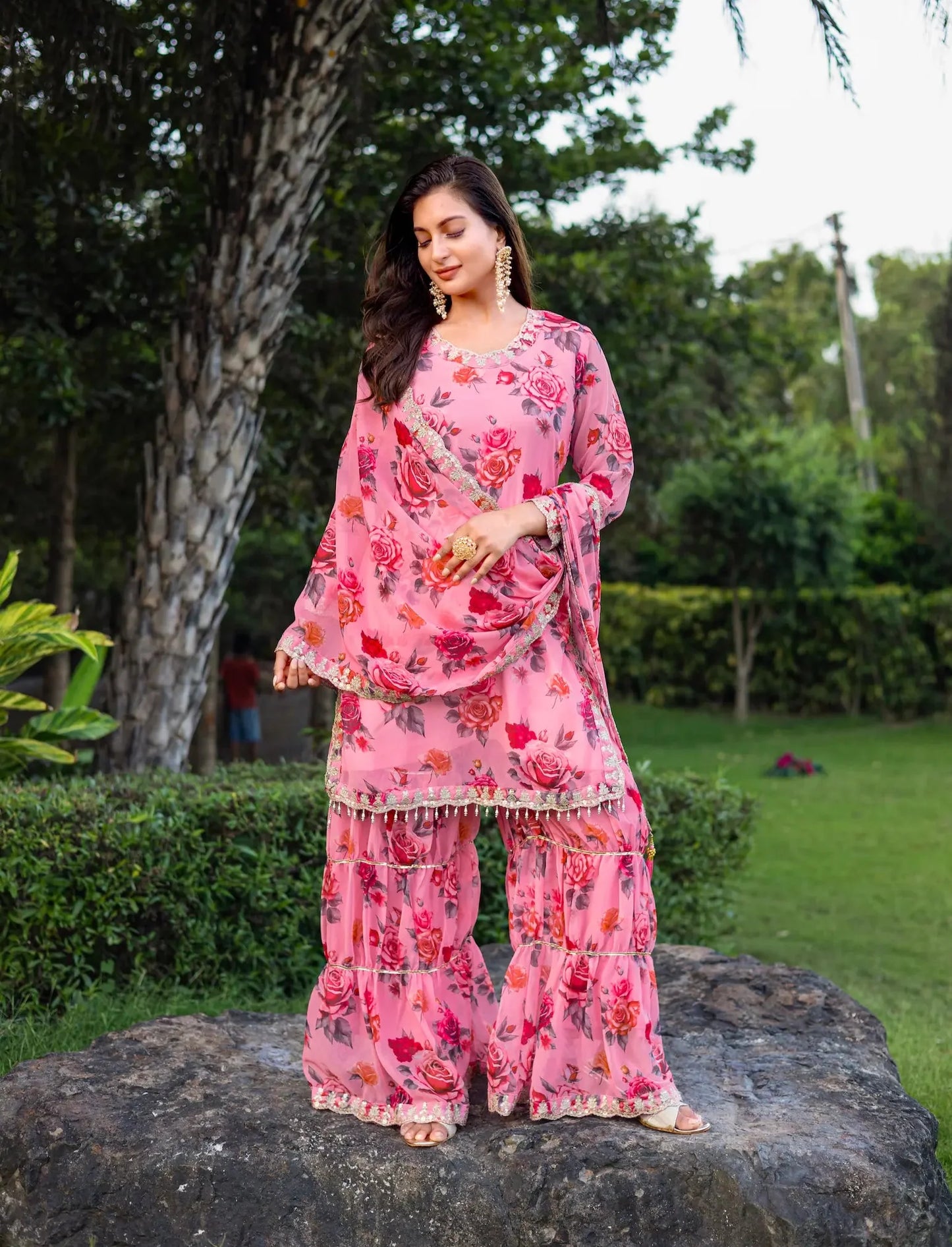 Light Pink Georgette Palazzo Salwar Suit With Floral Print & Embroidery Work