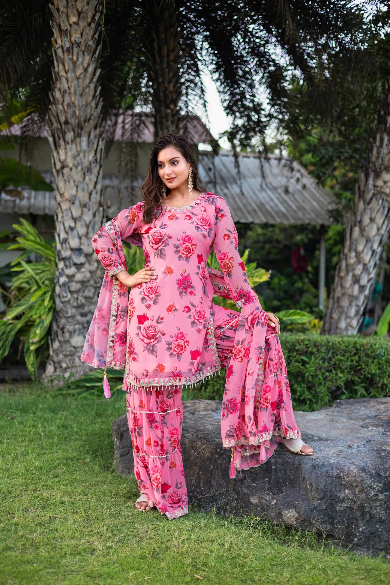 Light Pink Georgette Palazzo Salwar Suit With Floral Print & Embroidery Work