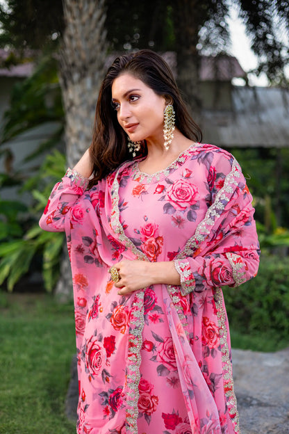 Light Pink Georgette Palazzo Salwar Suit With Floral Print & Embroidery Work