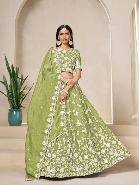Tan Green Gold Crush Embroidery Lehenga Choli