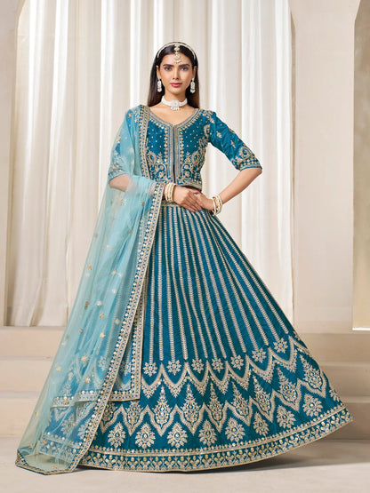 Peacock Blue Art Silk Thread & Sequins Embroidery Lehenga Choli
