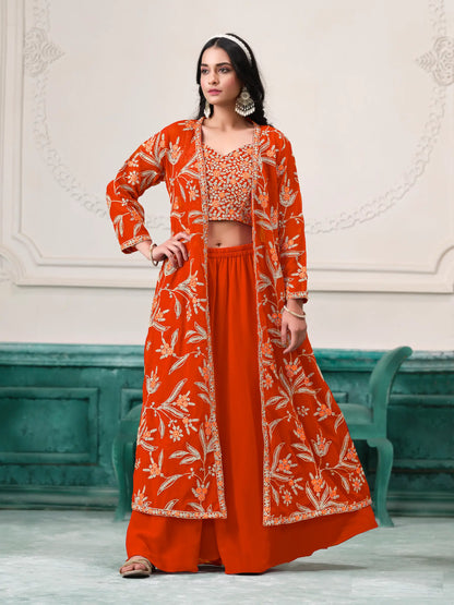 Orange Georgette Indo Western Set With Thread & Sequins Embroidery Work