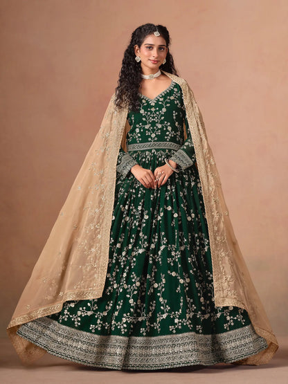 Green Georgette Embroidery Gown With Organza Dupatta