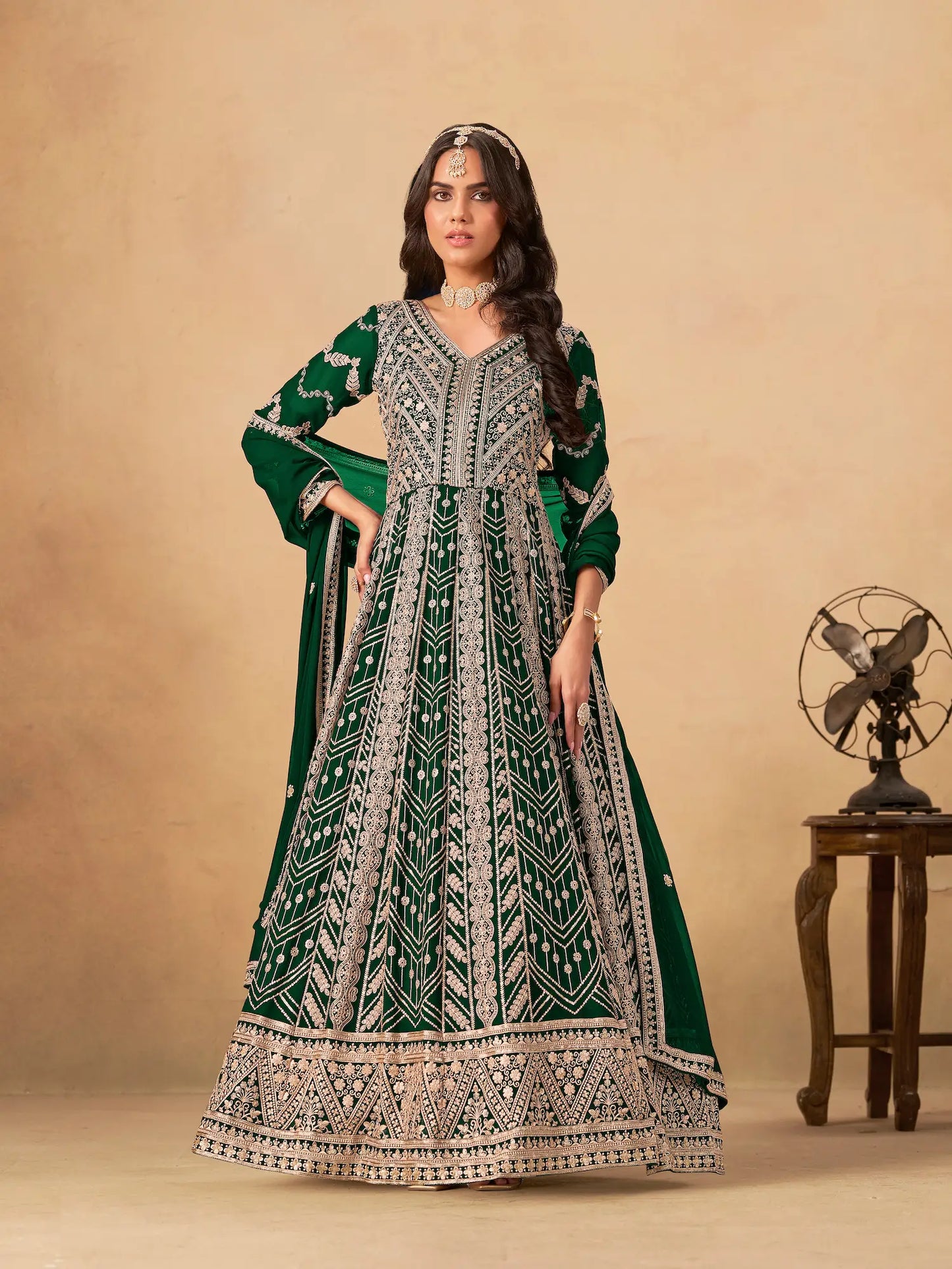 Dark Green Georgette Embroidery Work Gown