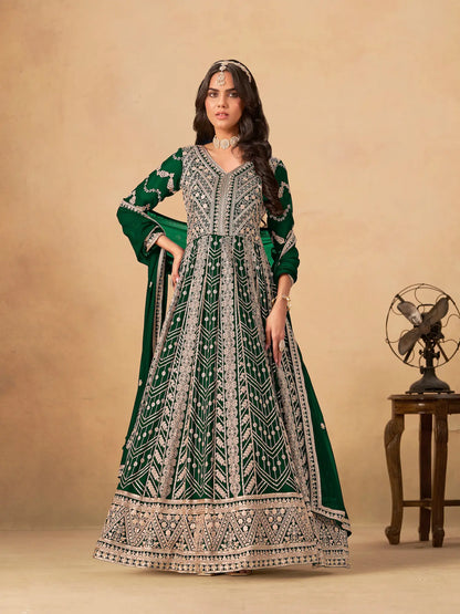 Dark Green Georgette Embroidery Work Gown