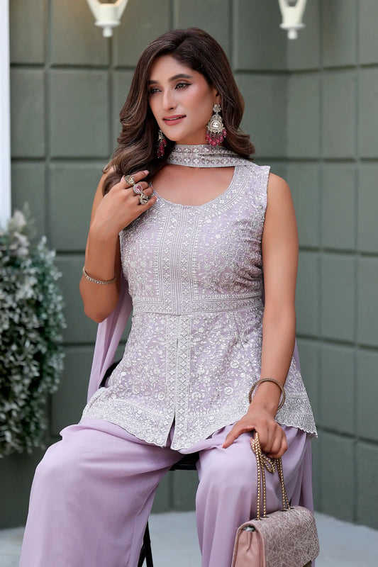 Blush Pink Star Georgette Embroidery Palazzo Suit