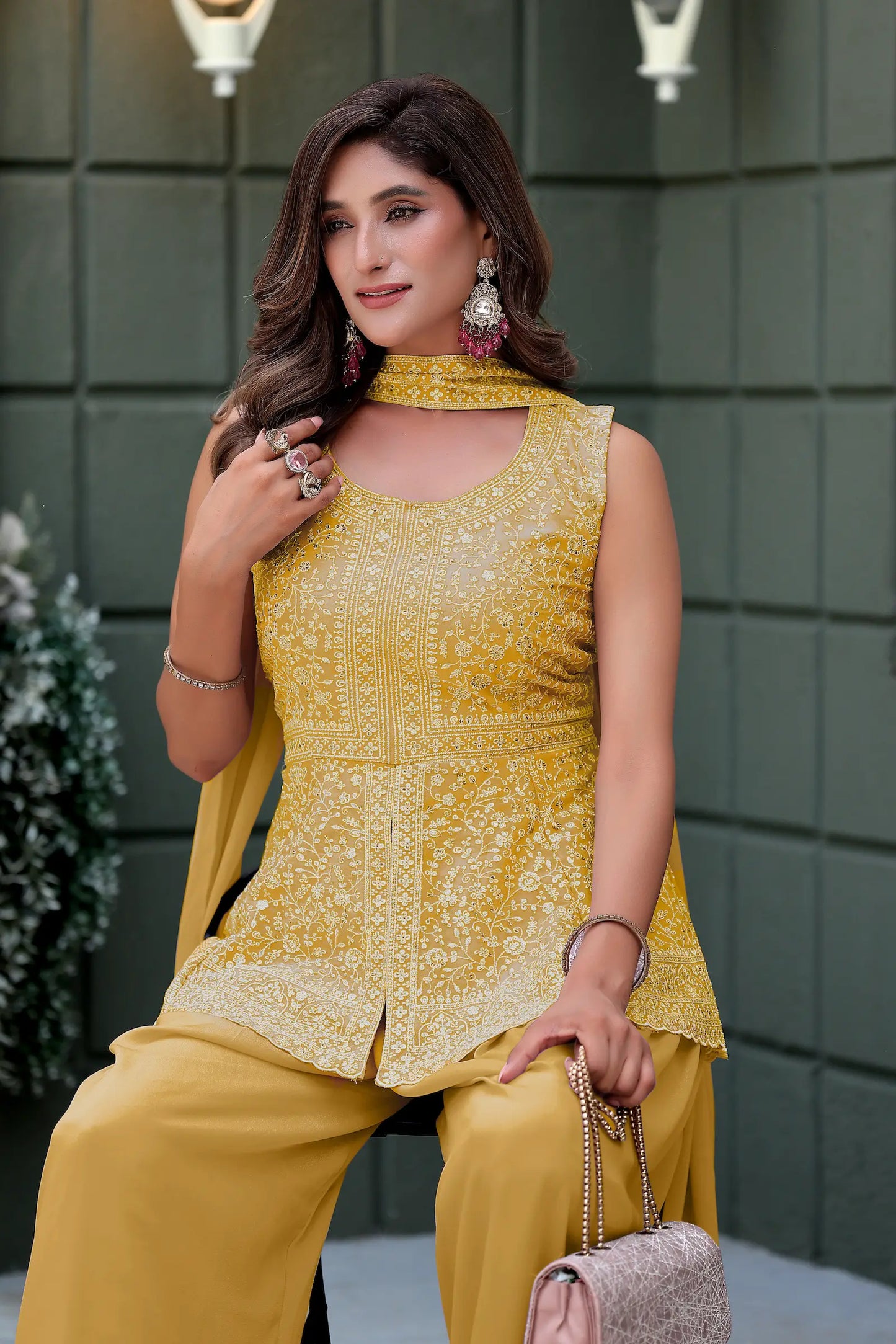 Yellow Star Georgette Embroidery Palazzo Suit