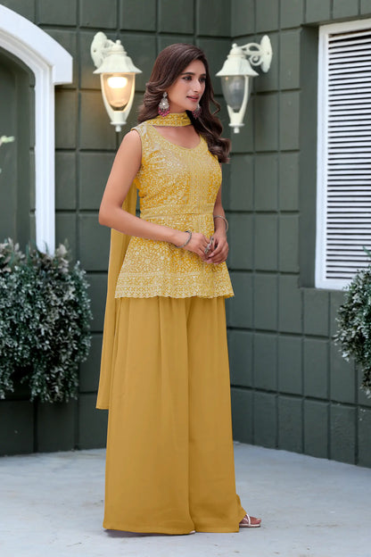 Yellow Star Georgette Embroidery Palazzo Suit