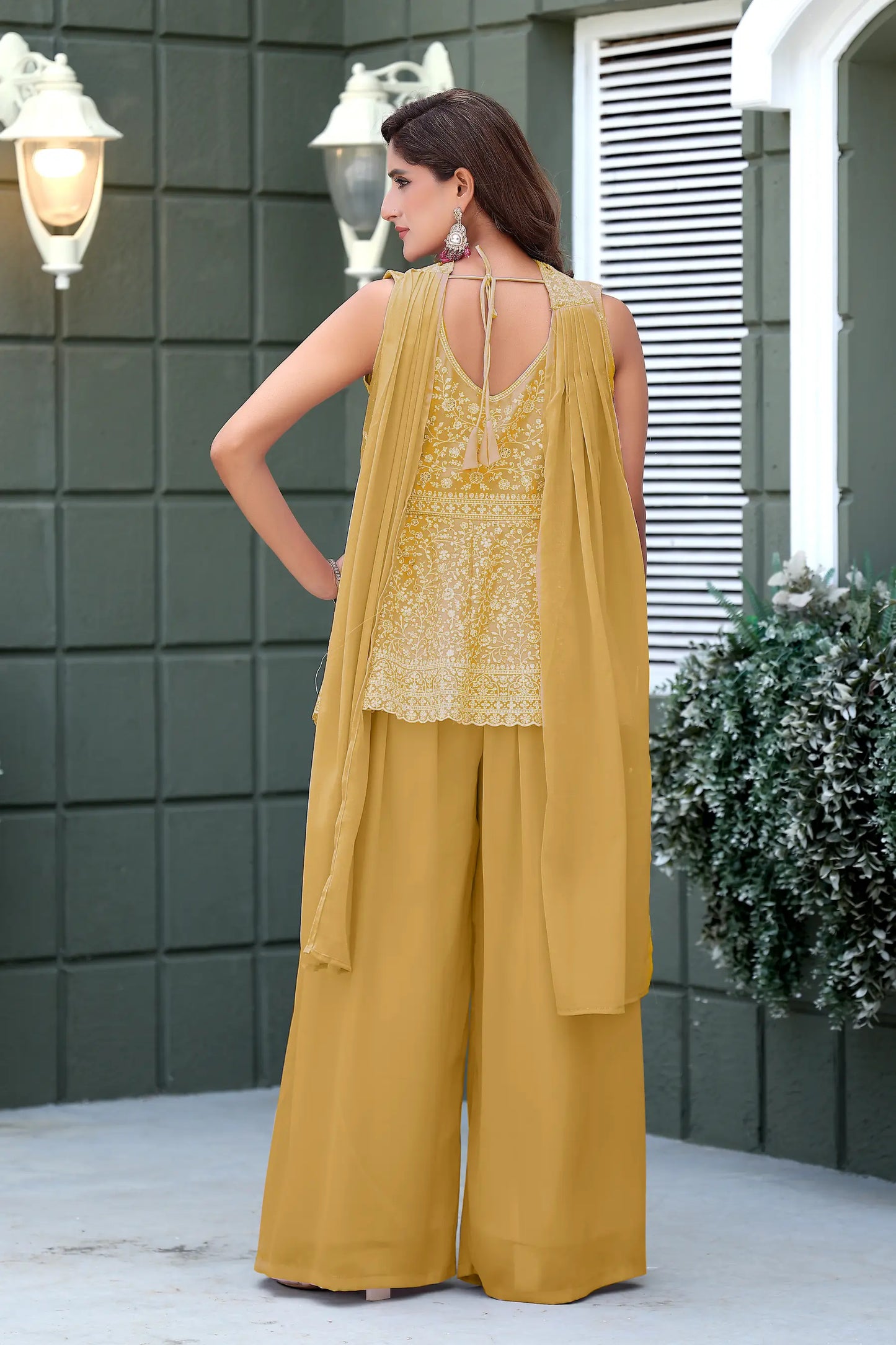 Yellow Star Georgette Embroidery Palazzo Suit