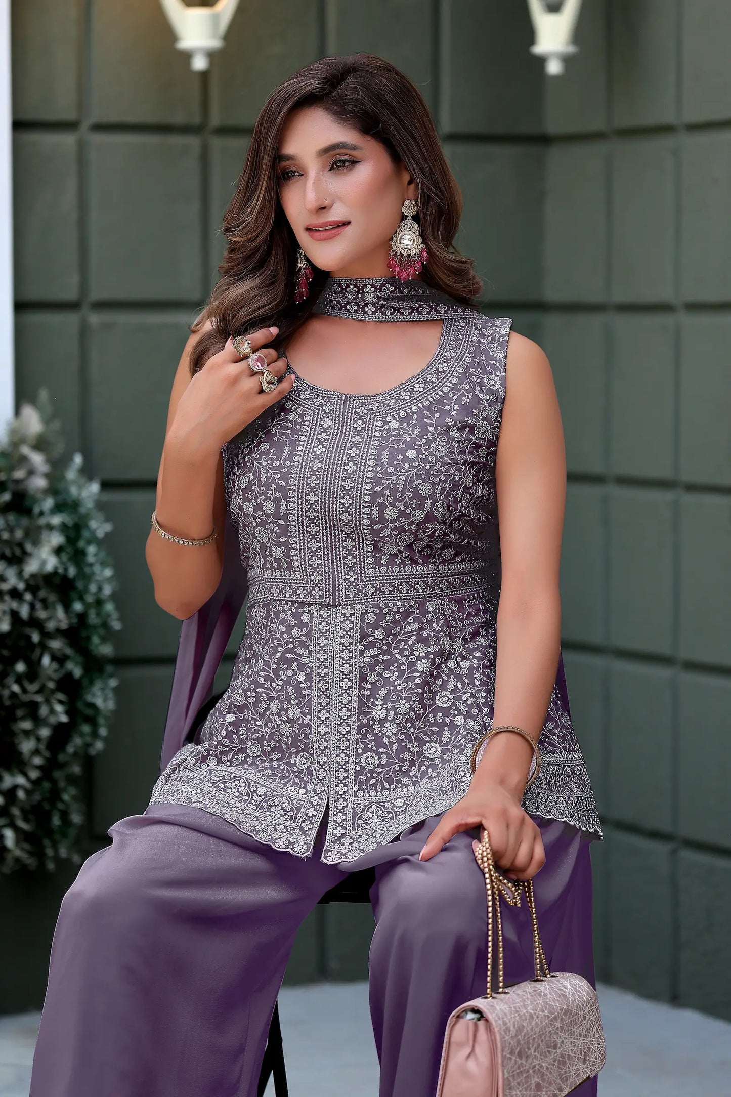 Lavender Star Georgette Embroidery Palazzo Suit