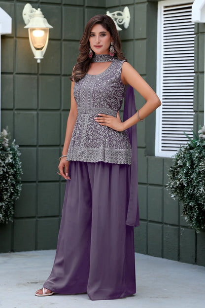 Lavender Star Georgette Embroidery Palazzo Suit