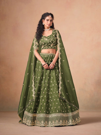 Army Green Organza Embroidery Work Lehenga Choli