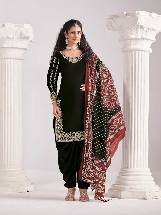 Black Silk Salwar Suit With Mirror Work & Embroidery