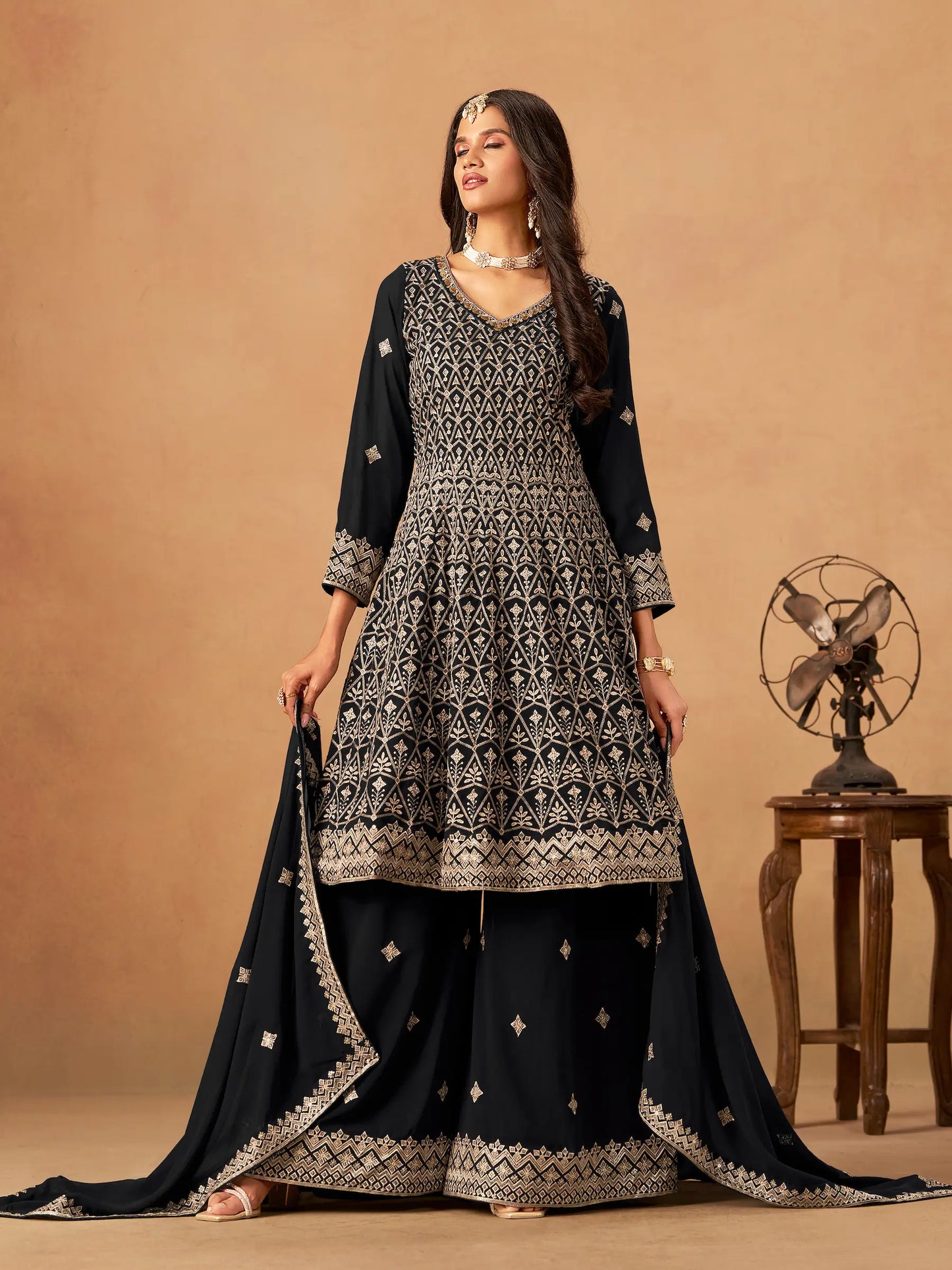 Black Georgette Embroidery Work Palazzo Set