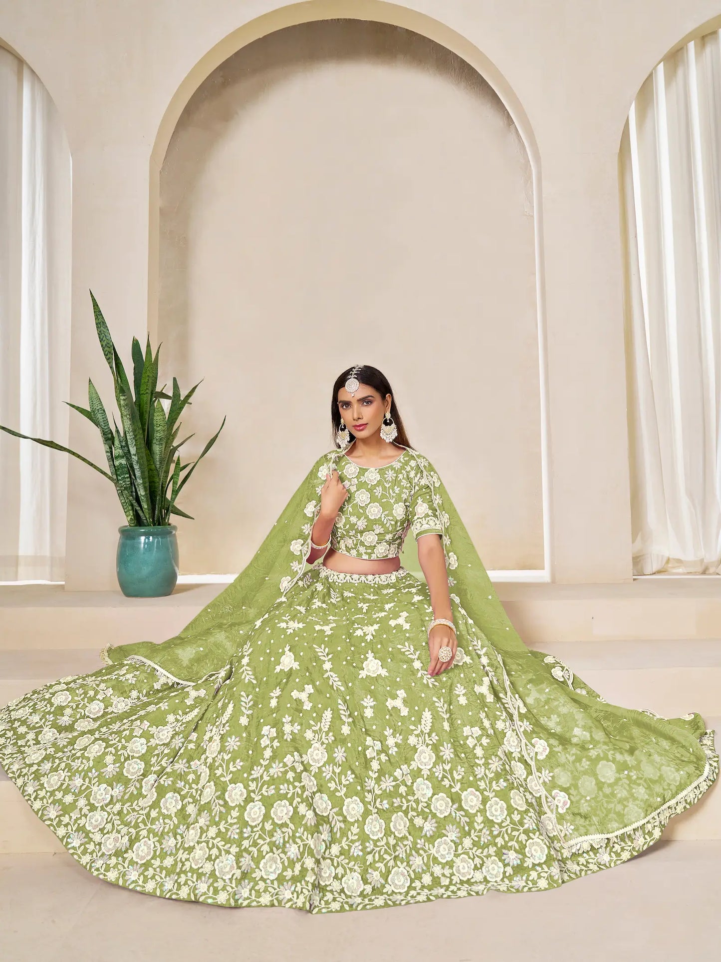 Tan Green Gold Crush Embroidery Lehenga Choli