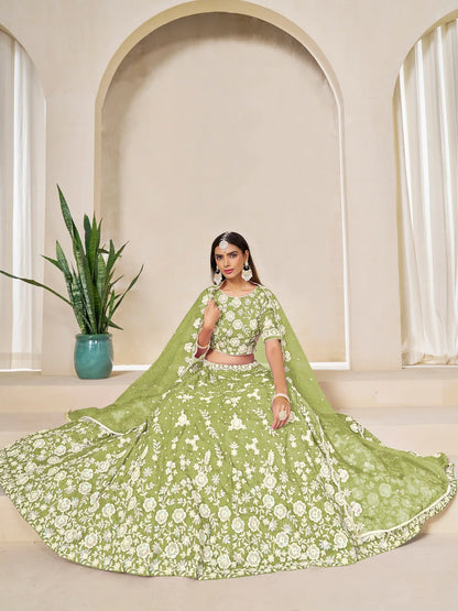 Tan Green Gold Crush Embroidery Lehenga Choli
