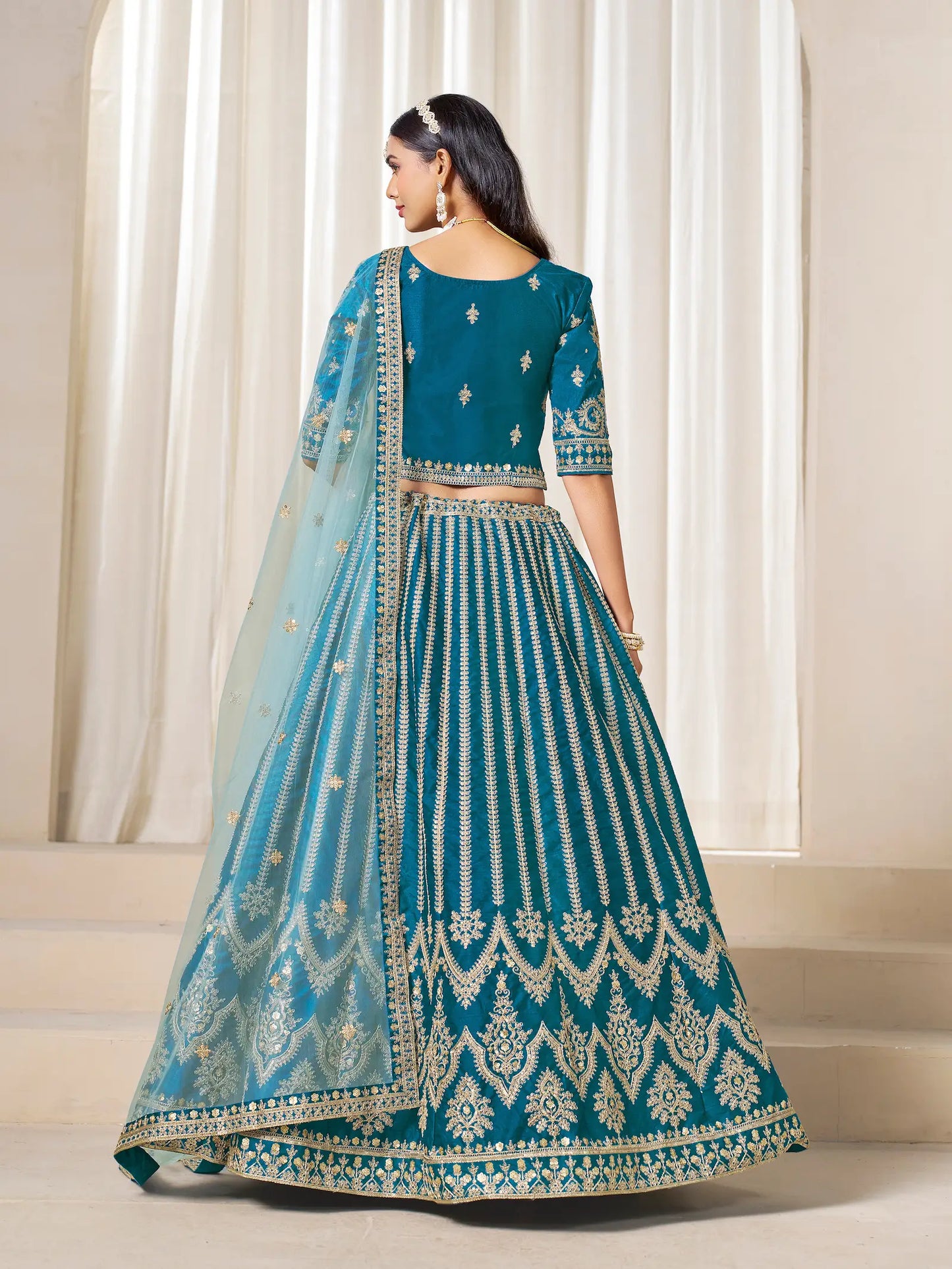 Peacock Blue Art Silk Thread & Sequins Embroidery Lehenga Choli