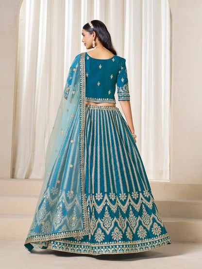Peacock Blue Art Silk Thread & Sequins Embroidery Lehenga Choli
