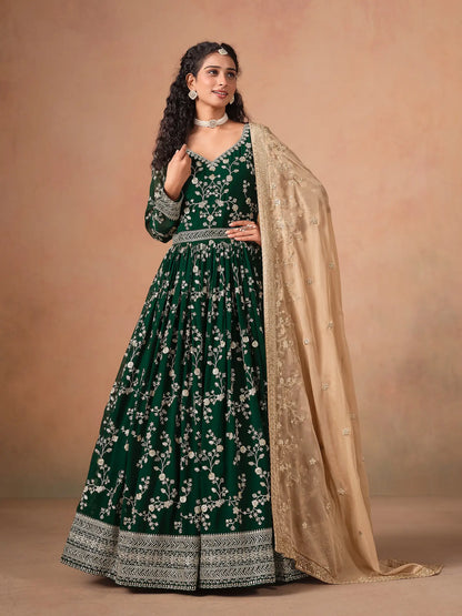 Green Georgette Embroidery Gown With Organza Dupatta