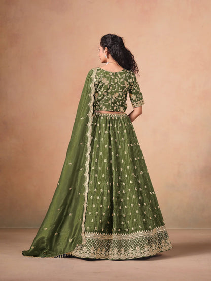 Army Green Organza Embroidery Work Lehenga Choli