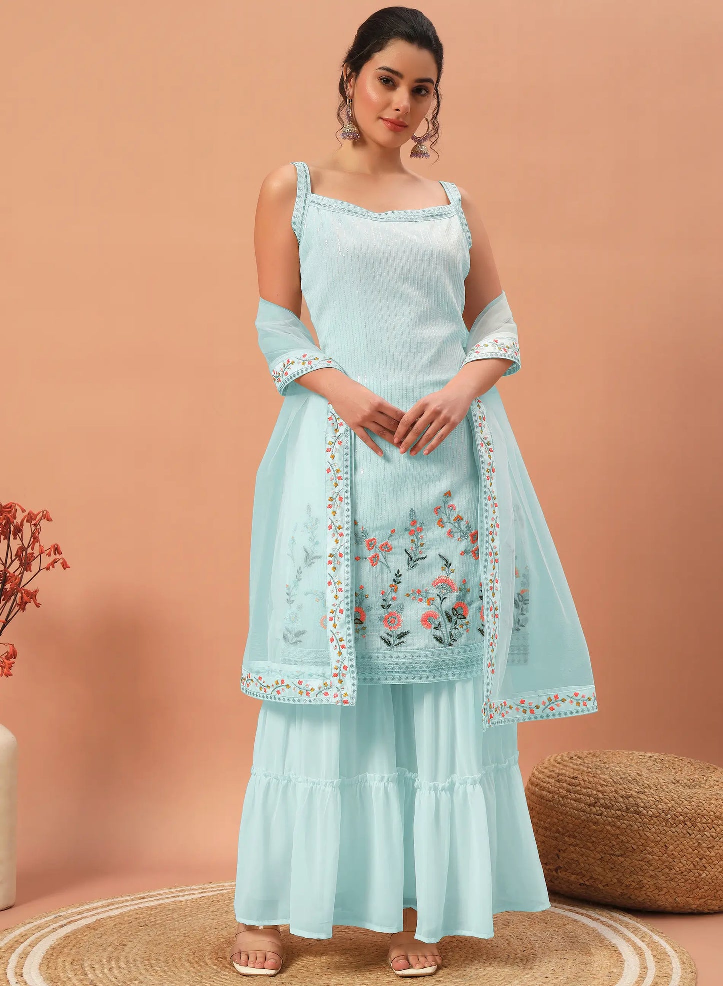 Sky Blue Georgette Sequence Embroidery Work Salwar Suit