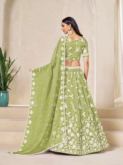 Tan Green Gold Crush Embroidery Lehenga Choli