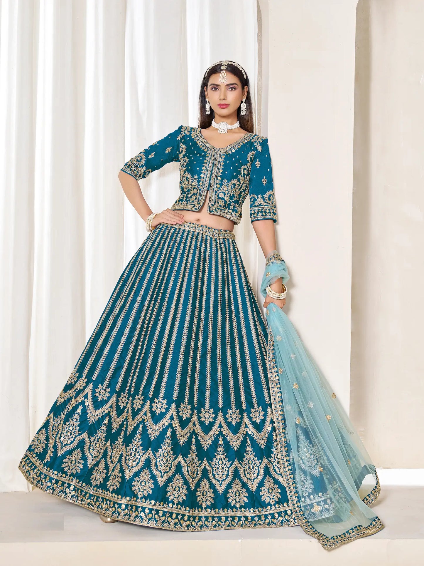 Peacock Blue Art Silk Thread & Sequins Embroidery Lehenga Choli
