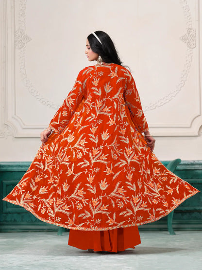 Orange Georgette Indo Western Set With Thread & Sequins Embroidery Work