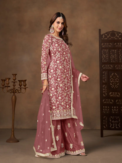 Brownish Pink Net Embroidery Palazzo Suit