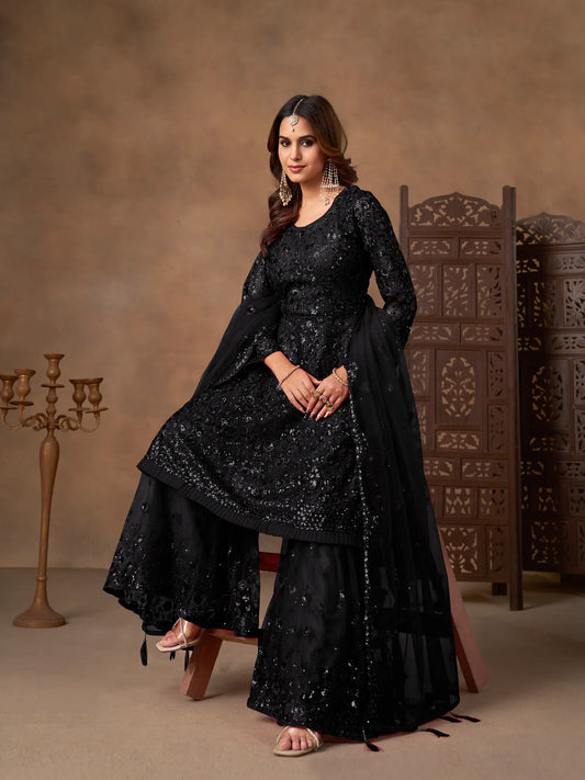 Black Net Embroidery Work Sharara Set