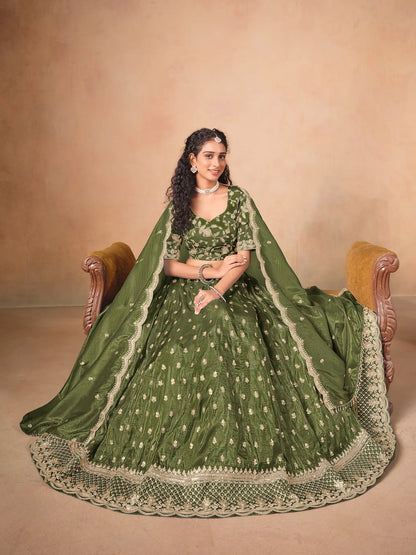 Army Green Organza Embroidery Work Lehenga Choli