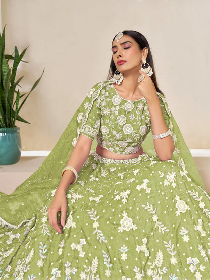 Tan Green Gold Crush Embroidery Lehenga Choli
