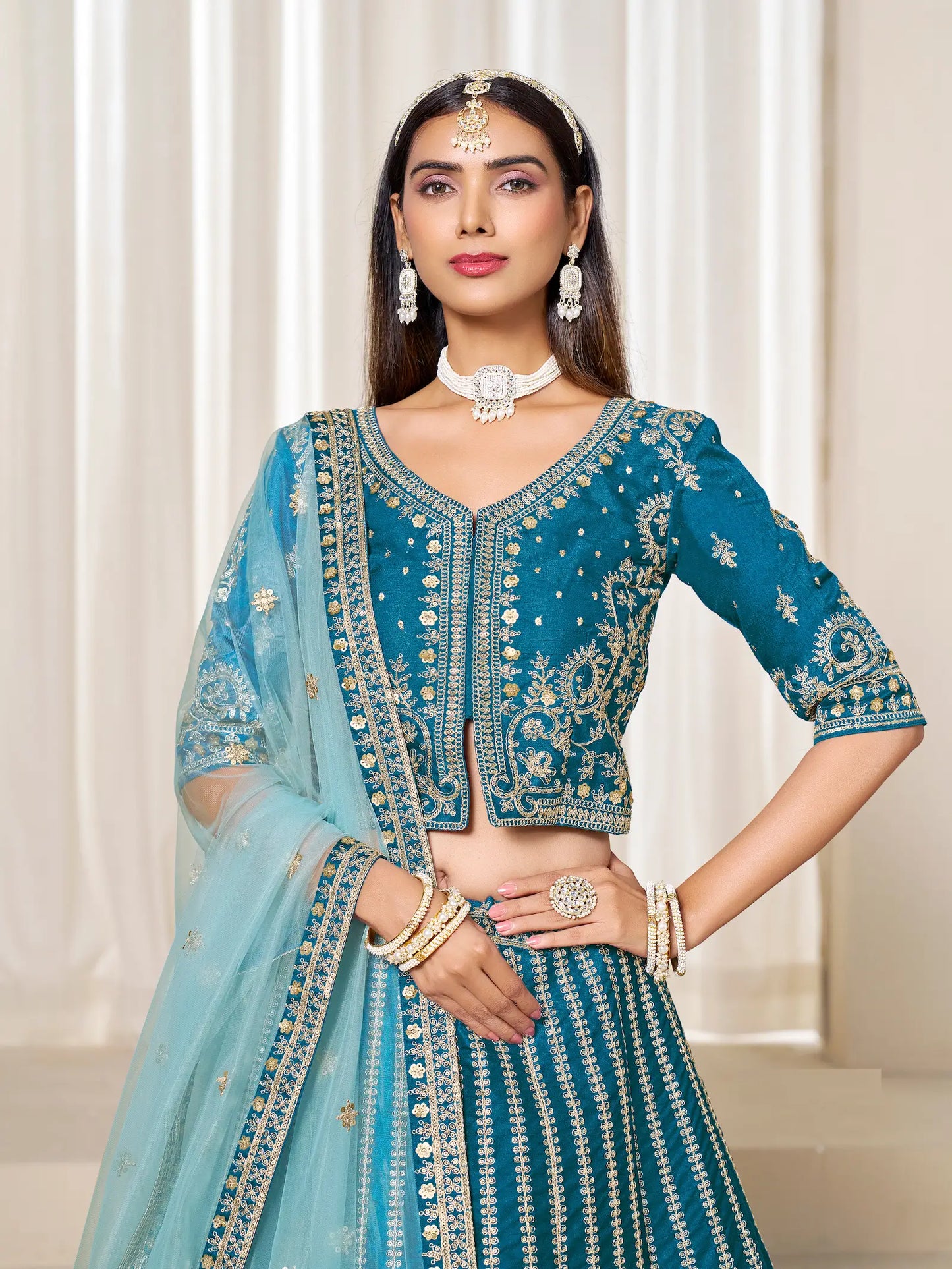Peacock Blue Art Silk Thread & Sequins Embroidery Lehenga Choli