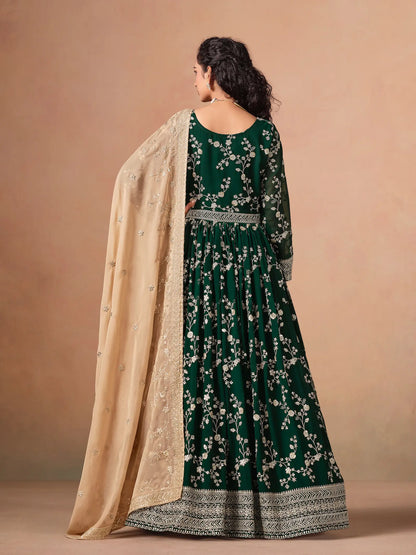 Green Georgette Embroidery Gown With Organza Dupatta