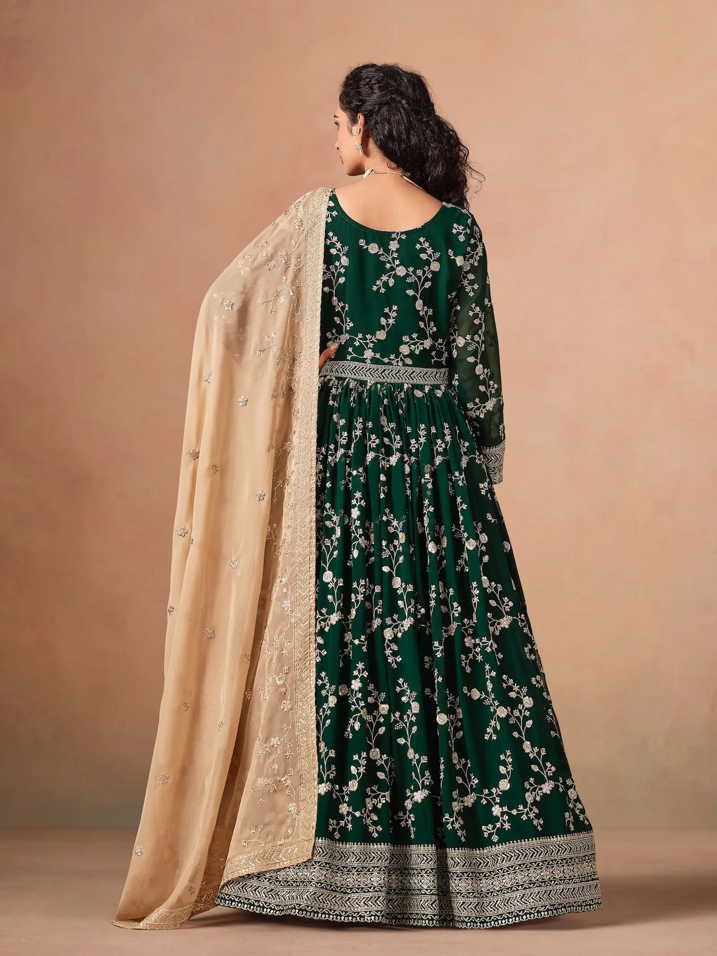 Green Georgette Embroidery Gown With Organza Dupatta