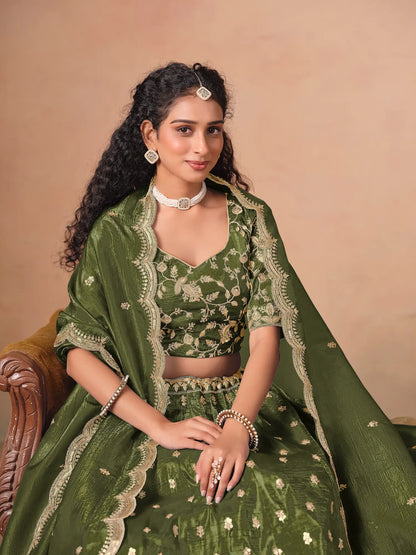 Army Green Organza Embroidery Work Lehenga Choli
