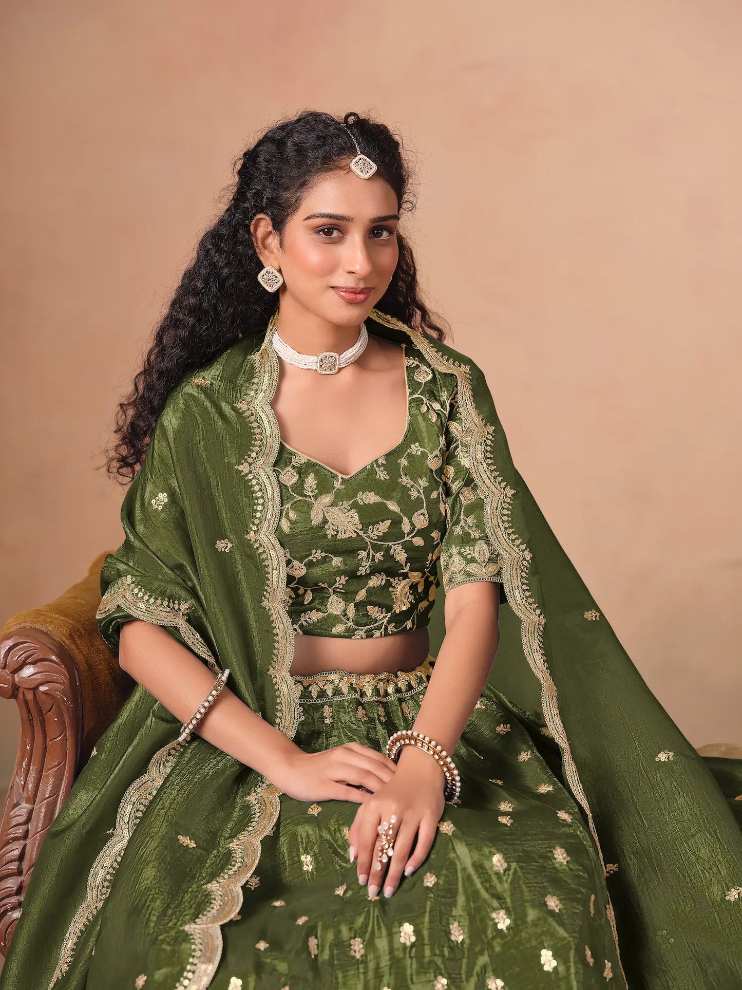 Army Green Organza Embroidery Work Lehenga Choli