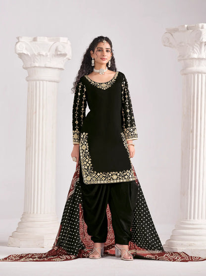 Black Silk Salwar Suit With Mirror Work & Embroidery