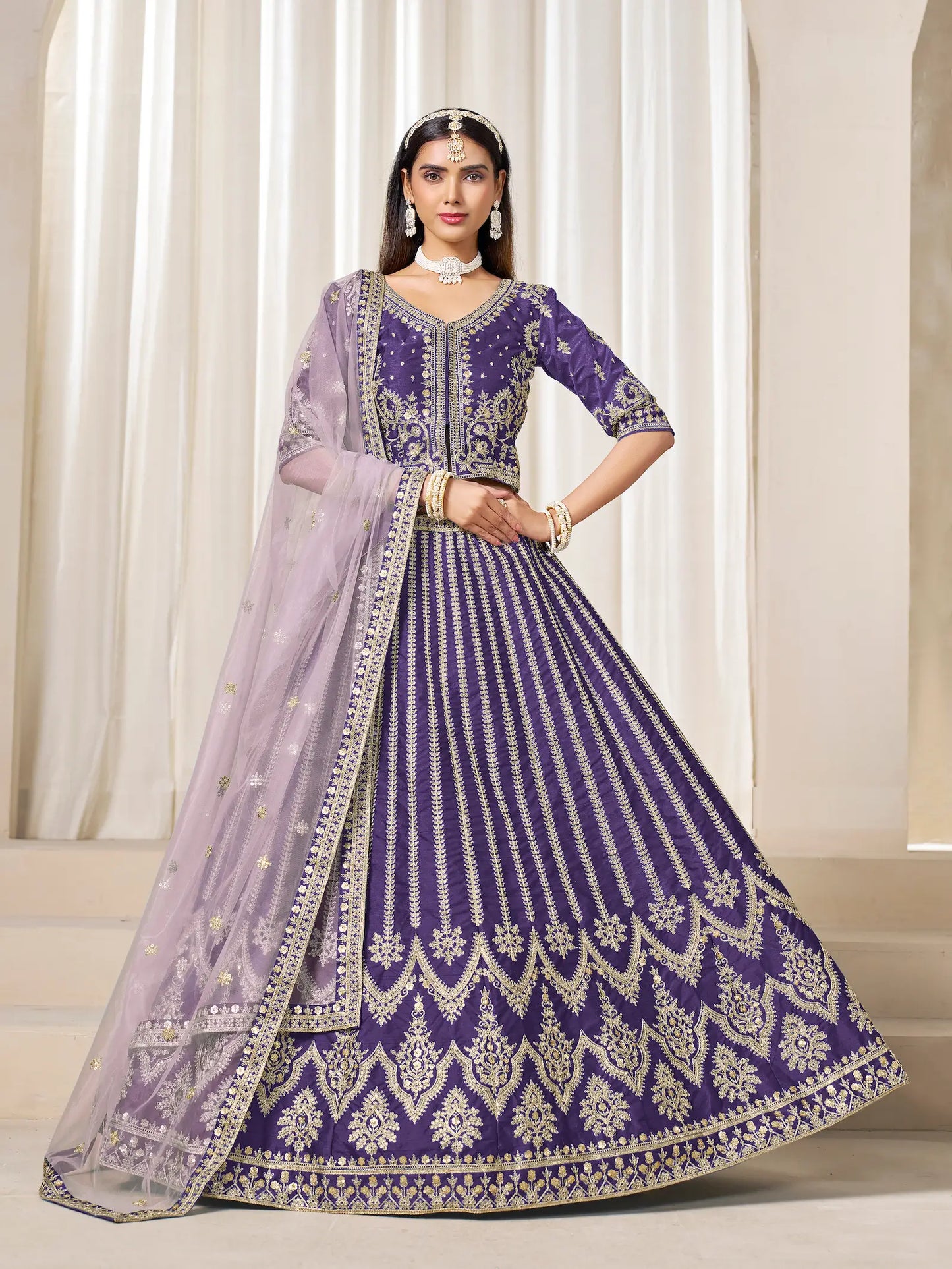 Purple Art Silk Thread & Sequins Embroidery Lehenga Choli