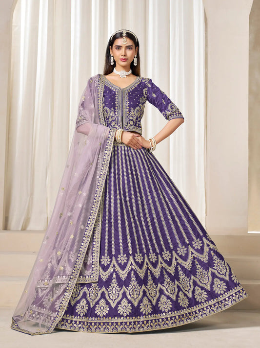 Purple Art Silk Thread & Sequins Embroidery Lehenga Choli