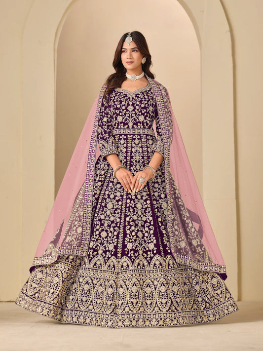 Deep purple Velvet Heavy Embroidered Gown