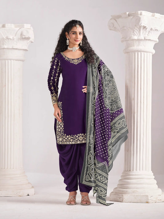 Purple Silk Salwar Suit With Mirror Work & Embroidery