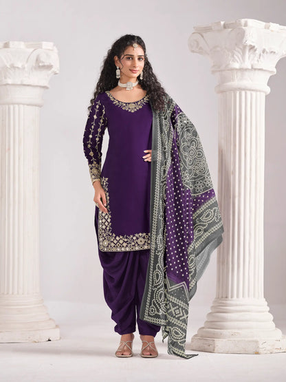 Purple Silk Salwar Suit With Mirror Work & Embroidery