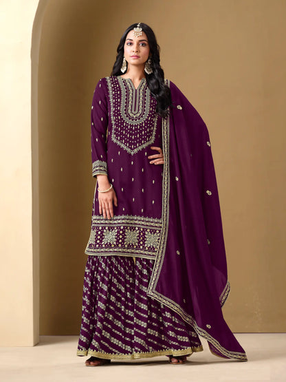 Wine Art Silk Sharara Suit With Thread & Sequins Embroidery Work