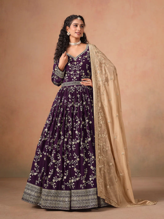 Purple Georgette Embroidery Gown With Organza Dupatta