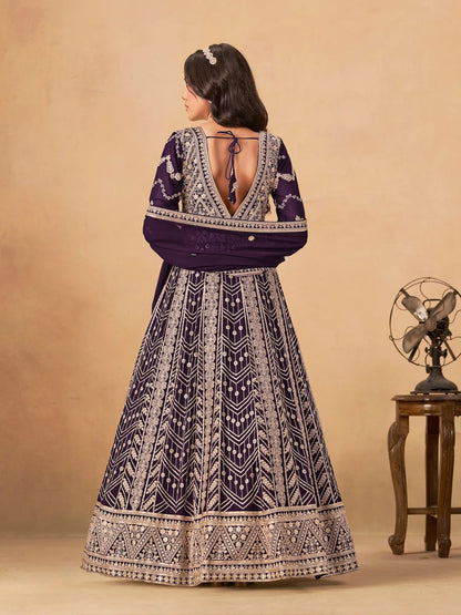 Deep Purple Georgette Embroidery Work Gown