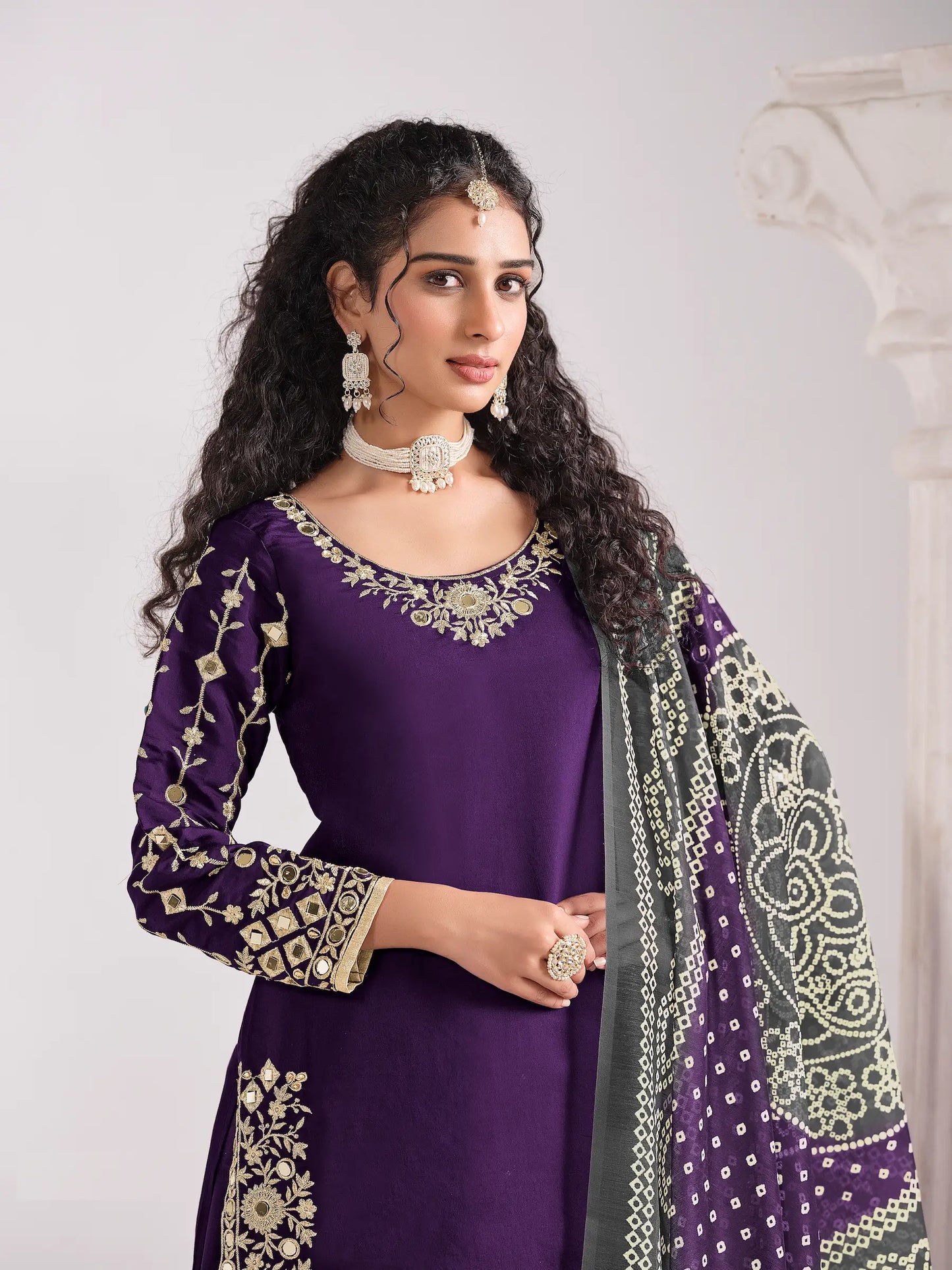 Purple Silk Salwar Suit With Mirror Work & Embroidery