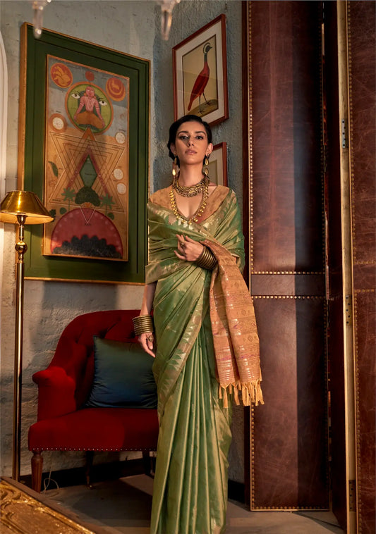Greenish Silk Saree With Contrast Ikkat Design Pallu