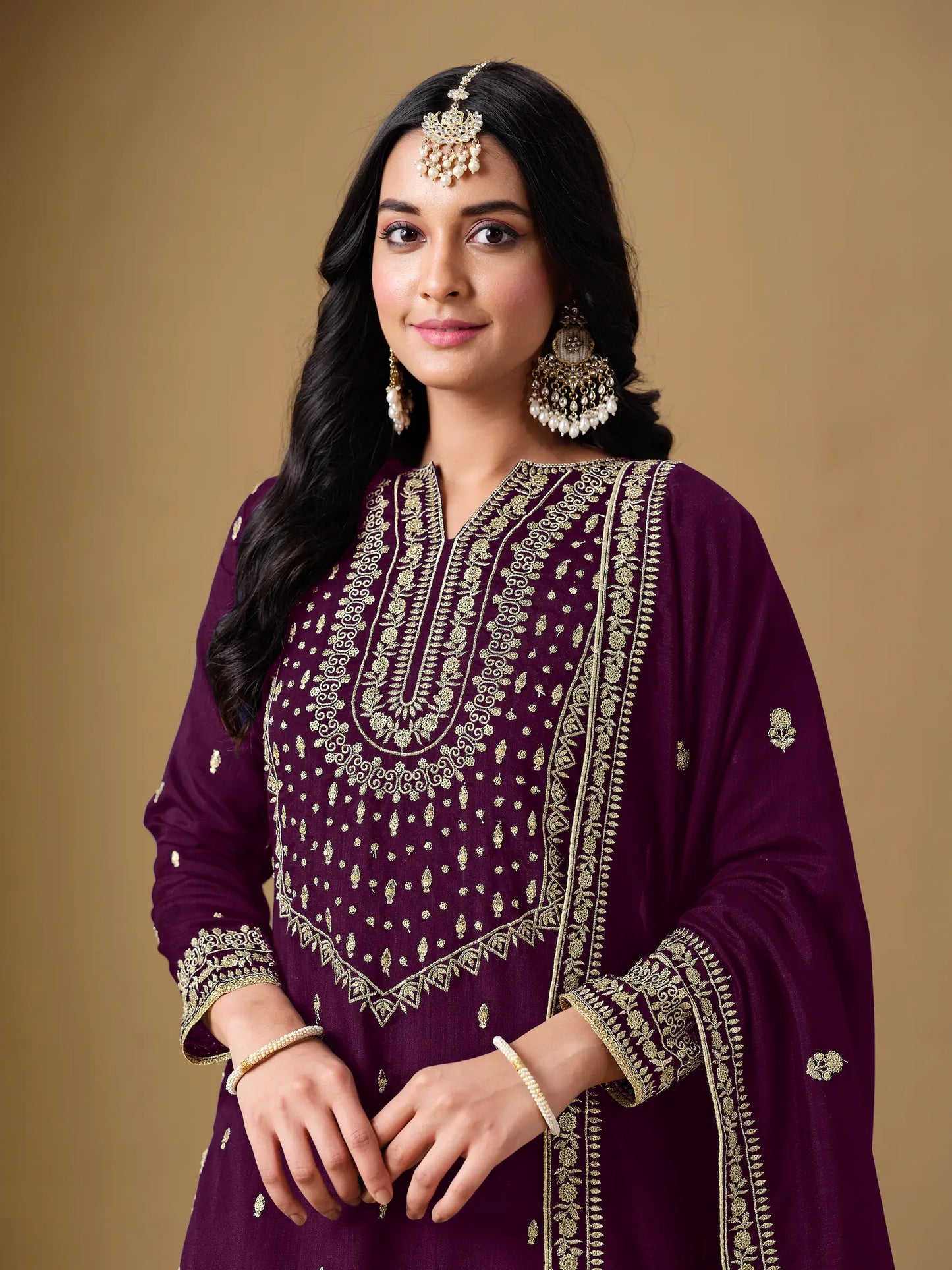 Wine Art Silk Sharara Suit With Thread & Sequins Embroidery Work